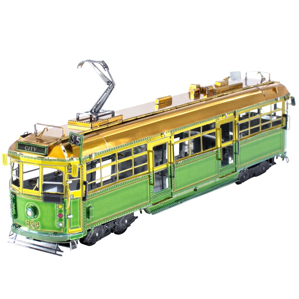 Model of a green and yellow tram on a white background