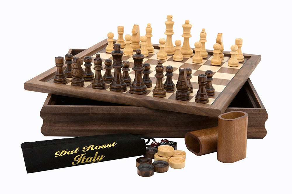 Dal Rossi Italy walnut flip-top chess, checkers and backgammon board, 14 inch