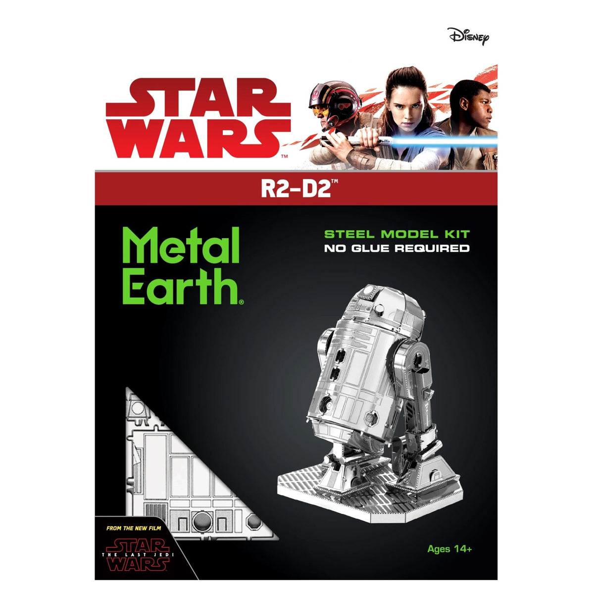 Star Wars Metal Earth R2-D2 steel model kit packaging, featuring a black background with red and green text, a silver 3D-rendered R2-D2 model, and Disney branding at the top.