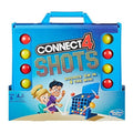 Hasbro's Connect 4 Shots board game in its blue carrying case, featuring red and yellow discs on a bright blue box with cartoon graphics of children playing.