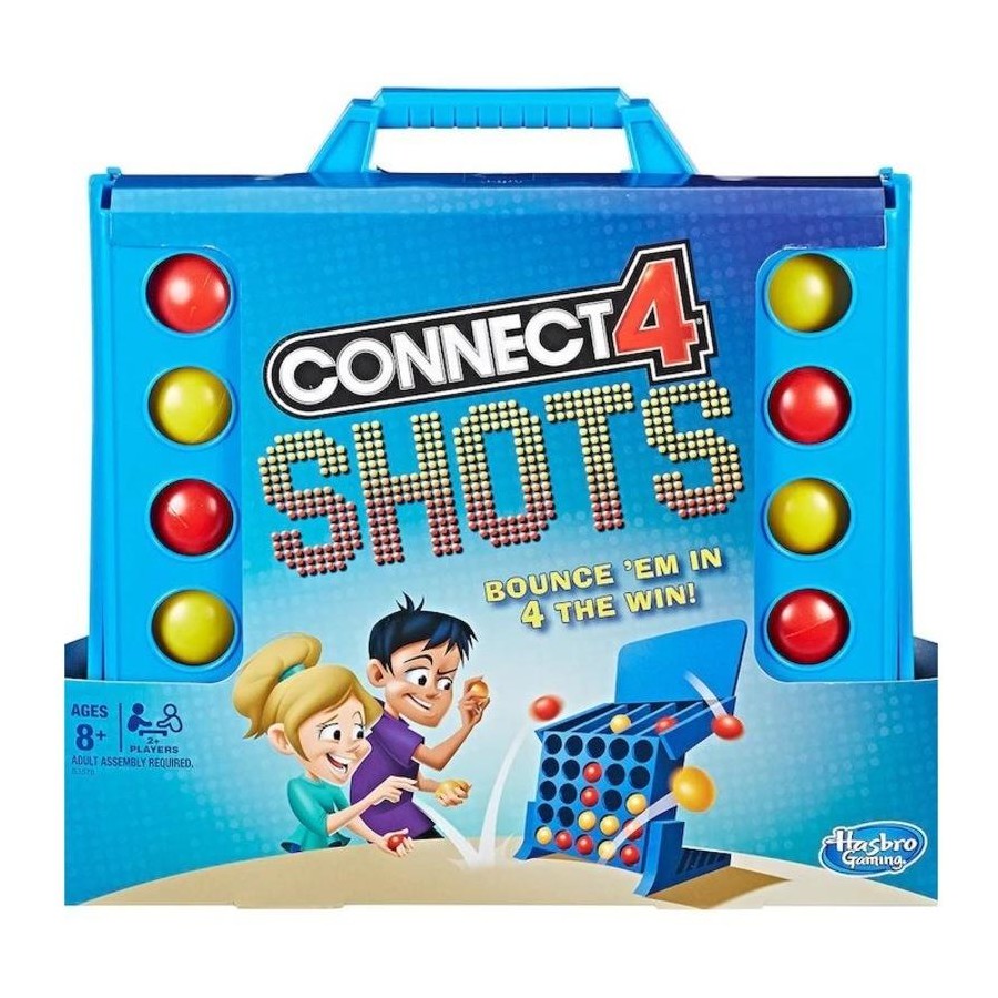 Hasbro's Connect 4 Shots board game in its blue carrying case, featuring red and yellow discs on a bright blue box with cartoon graphics of children playing.