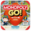 Monopoly Go! board game box cover shown front-on against a white background. The box features the large red-and-white Monopoly logo, a red circular central graphic with yellow 'GO!' text, a cartoon Monopoly man, and game title text 'Landmark Rush' plus publisher logos at the bottom.