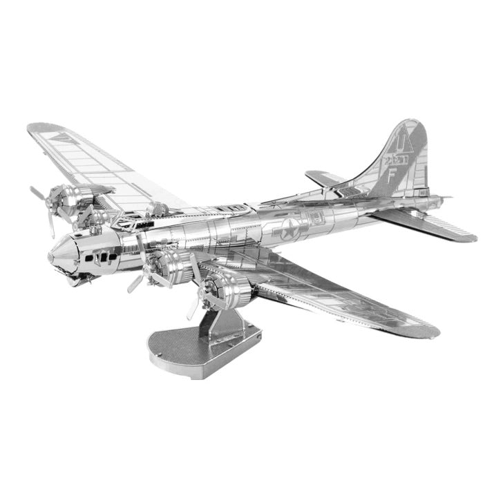 A metallic silver model of a World War II bomber airplane on a small display stand, photographed against a plain white background.
