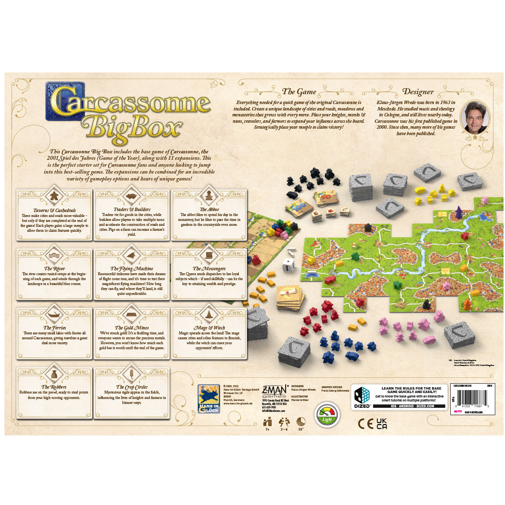 G carcassonne Big Box board game packaging with game pieces and map illustration