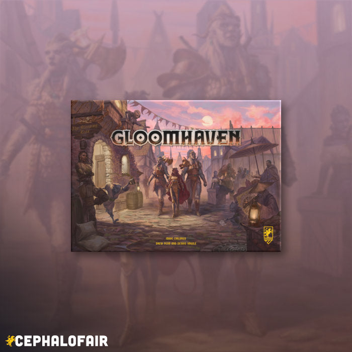 Gloomhaven board game box with characters and architecture illustration on a pinkish-purple background.