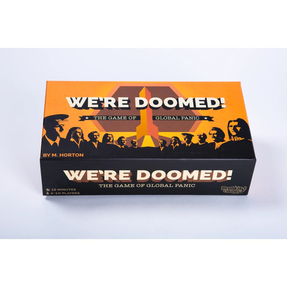 The board game box for 'We're Doomed! The Game of Global Panic' by M. Horton, featuring a black and orange design with silhouettes of people and a nuclear explosion.