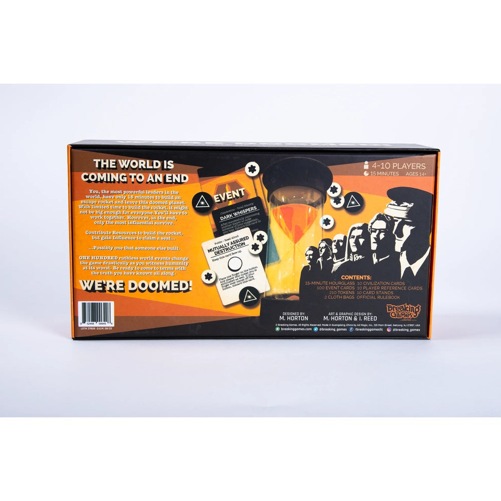 The World Is Coming To An End: We're Doomed! board game box shown from the back, featuring orange and black graphics, player info, and a small image of the game board and pieces.