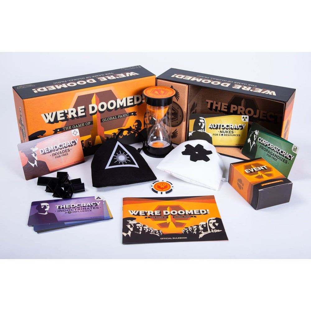 Board game components including cards, a sand timer, and boxes with 'We're Doomed!' branding on a white background.