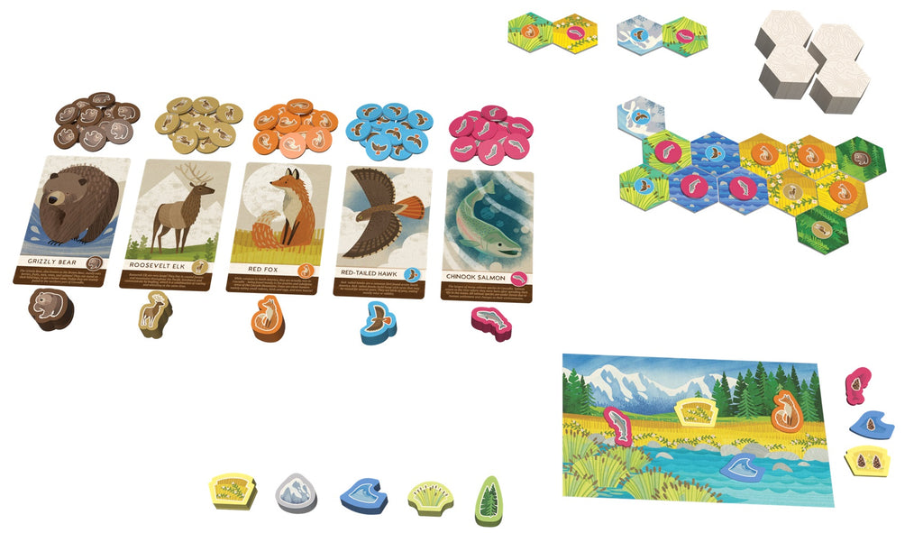 Collection of board game components including cards, tokens, and a map on a white background