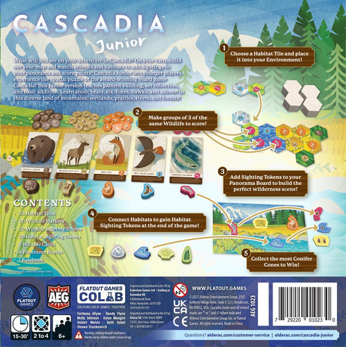 Back cover of Cascadia Junior board game packaging with game instructions and branding.