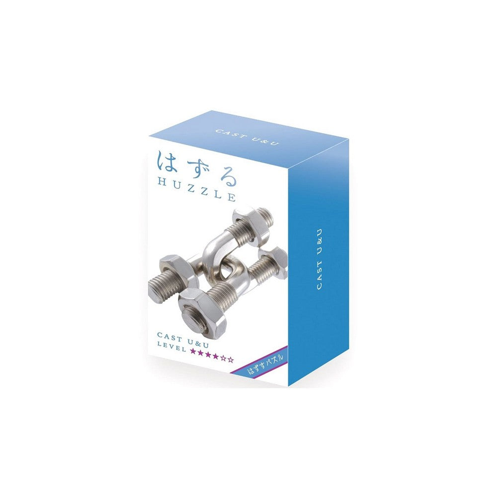 Box of Huzzle puzzle with bolts on a white background