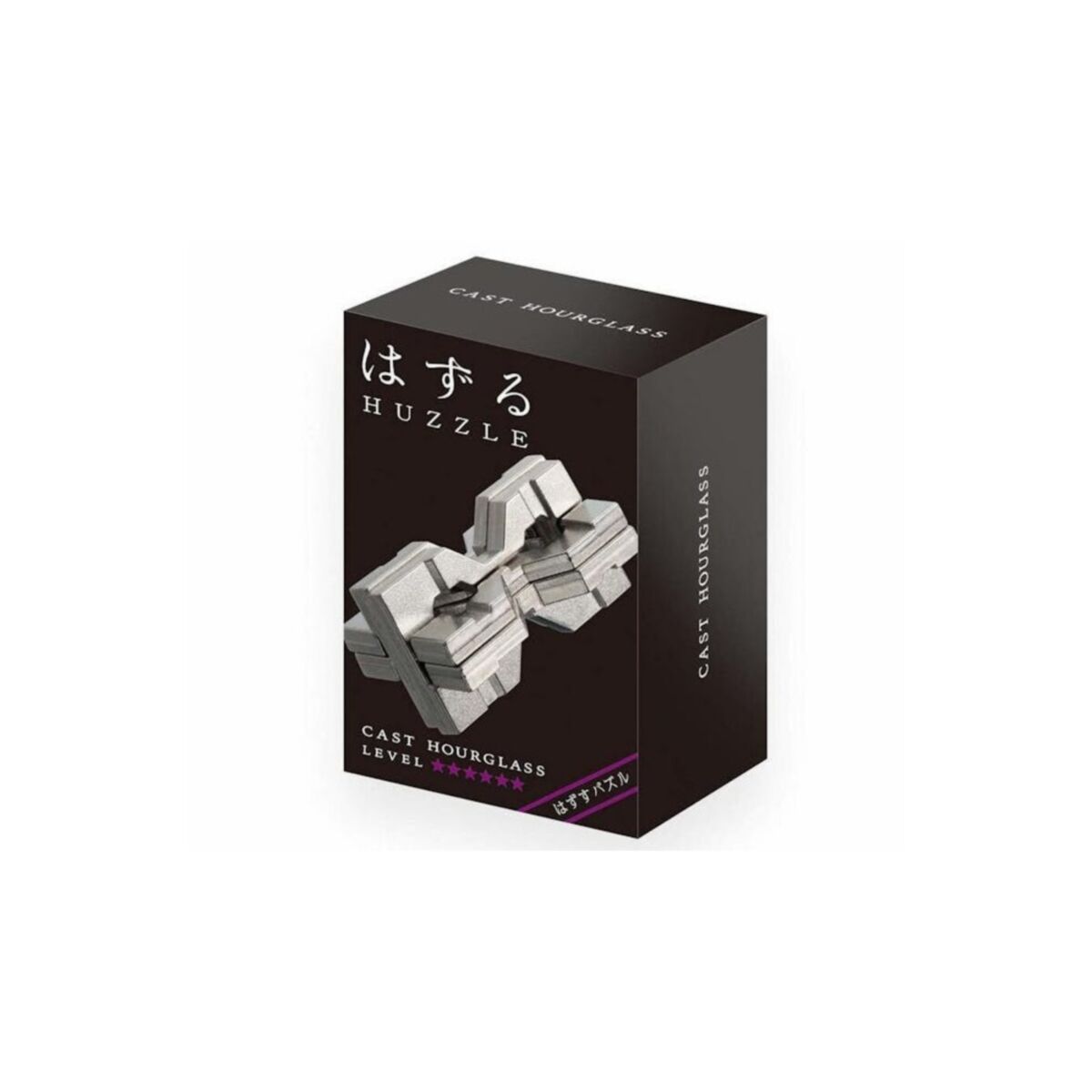 HUZZLE Cast Hourglass Level packaging on a white background