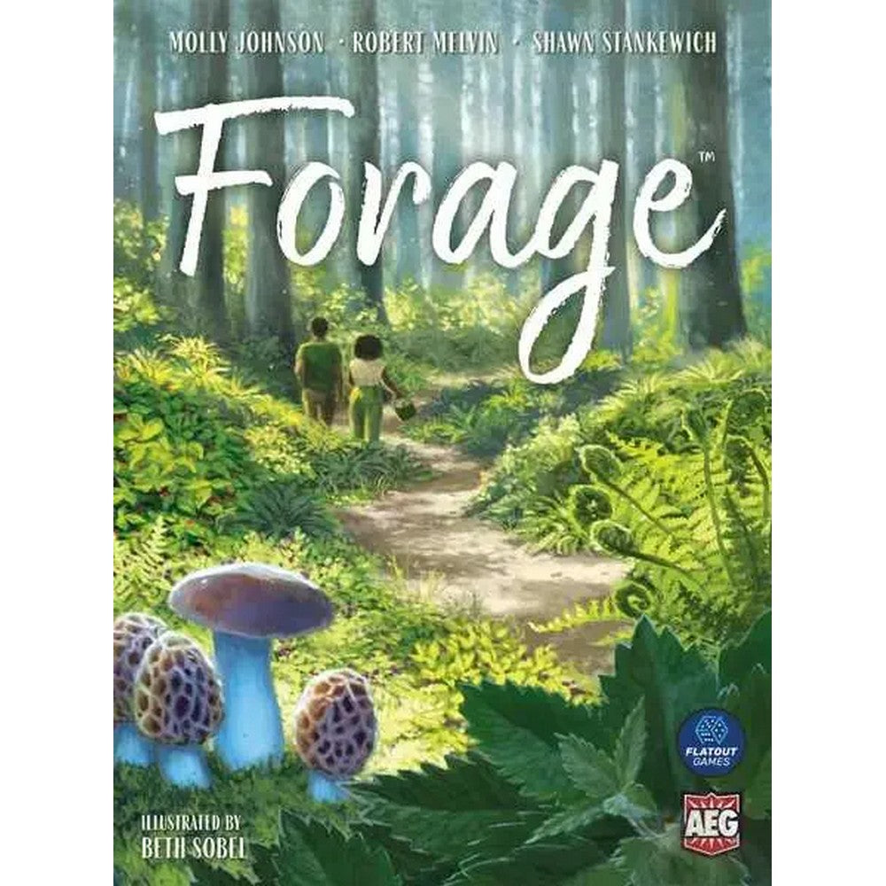 Board game box for 'FORAGE' with a forest scene and mushroom illustration.
