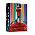 Board game box for Red Rising, featuring a dark spine with vertical rainbow stripes and a red central illustration with silhouetted figures, photographed on a light gray background.