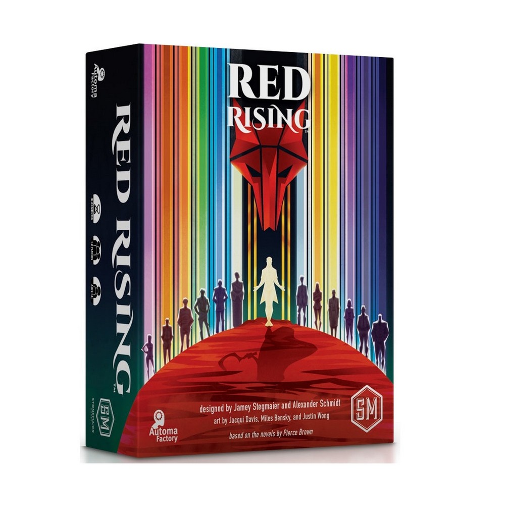 Board game box for Red Rising, featuring a dark spine with vertical rainbow stripes and a red central illustration with silhouetted figures, photographed on a light gray background.