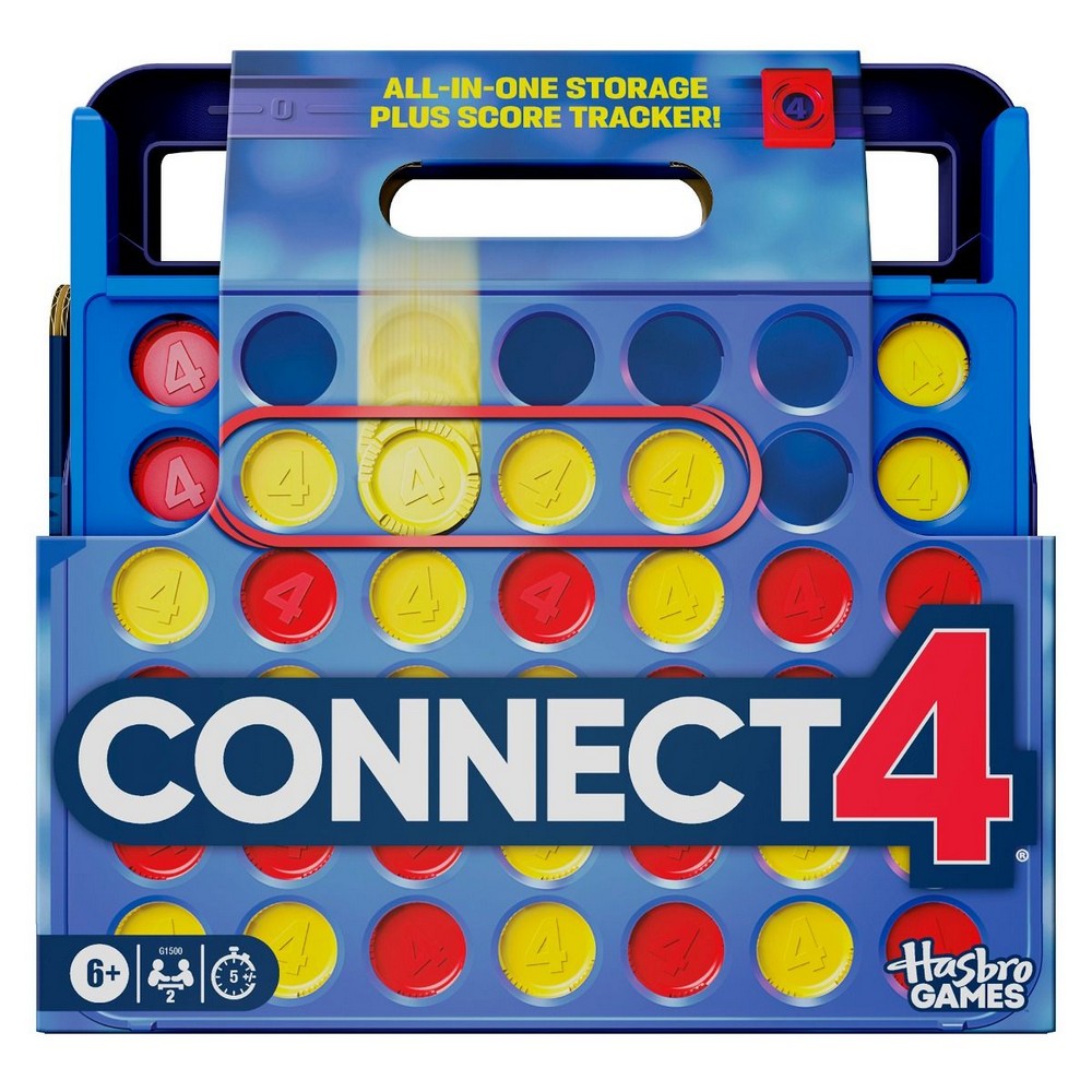 Connect 4 game set with storage and score tracker on a blue background