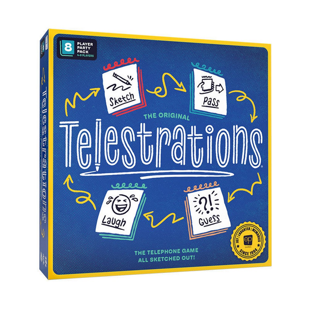 Box of Telestrations game with blue and yellow design