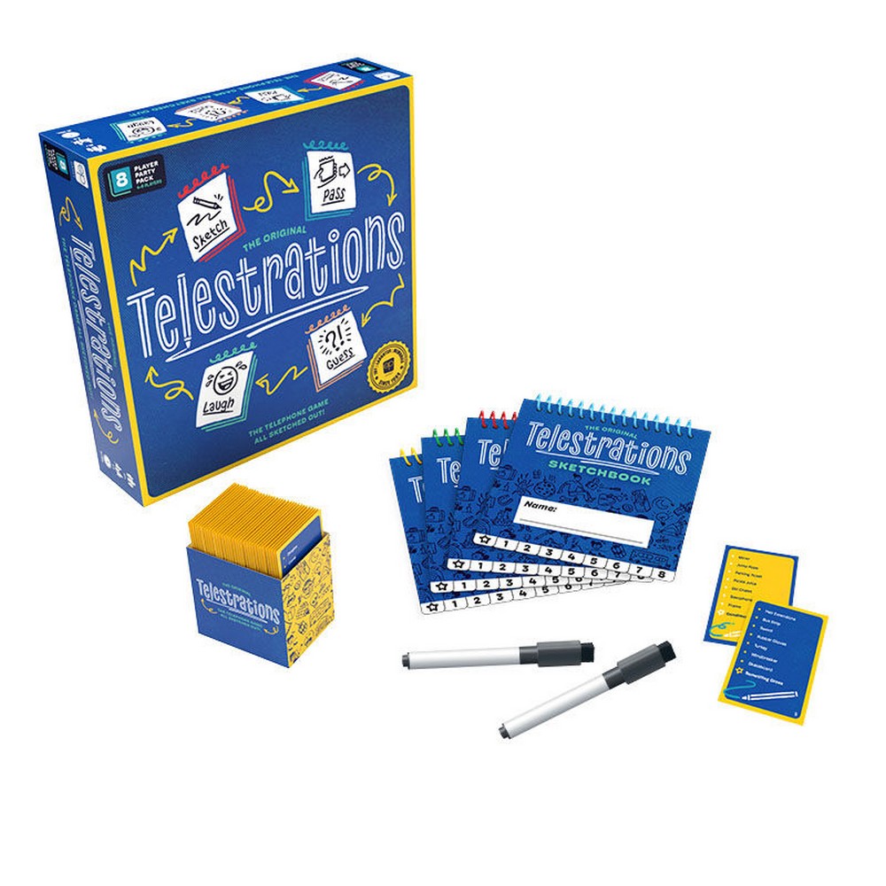 Telestrations game set with packaging, cards, and markers on a white background