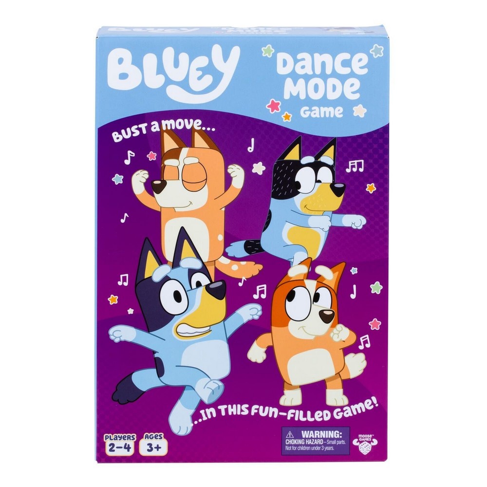 Bluey Dance Mode Game box featuring Bluey characters dancing on a purple and blue background, with text reading 'Bust a move.