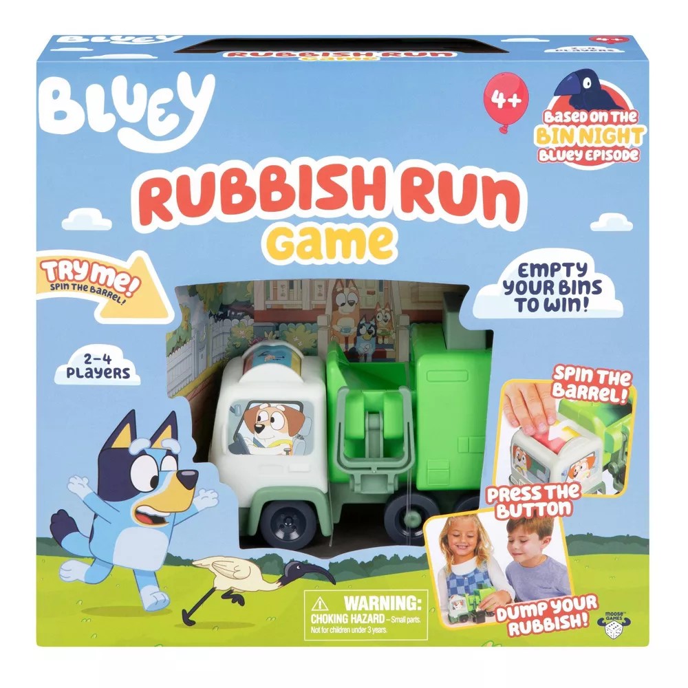 Bluey 'Rubbish Run' toy game in its retail packaging, featuring a blue dog character and a green and white rubbish truck on a colorful box front.