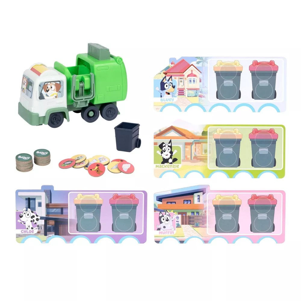 Toy garbage truck set with trash cans and buildings on a white background