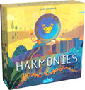 Board game box titled 'Harmonies' with colorful design and lion illustration on a yellow background
