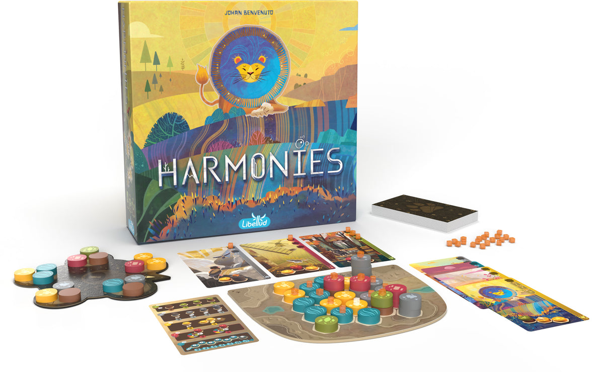 Board game 'Harmonites' with colorful components on a white background