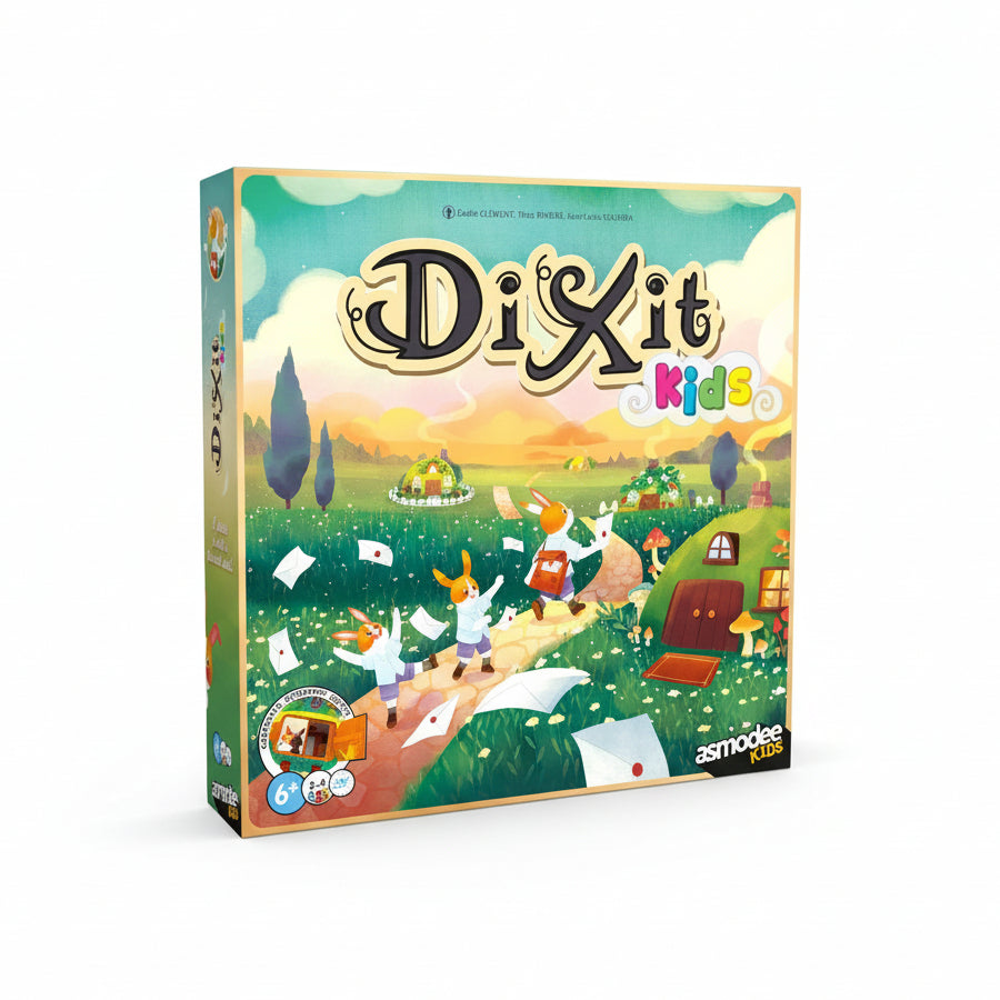 Board game box for 'Dixit Kids' by Asmodee with colorful illustration of children and landscape.
