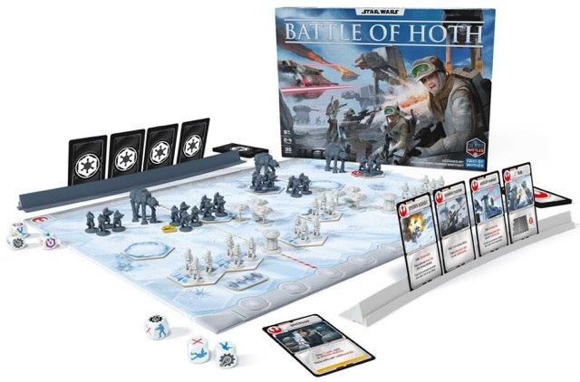 Board game set up with figures and cards on a white background