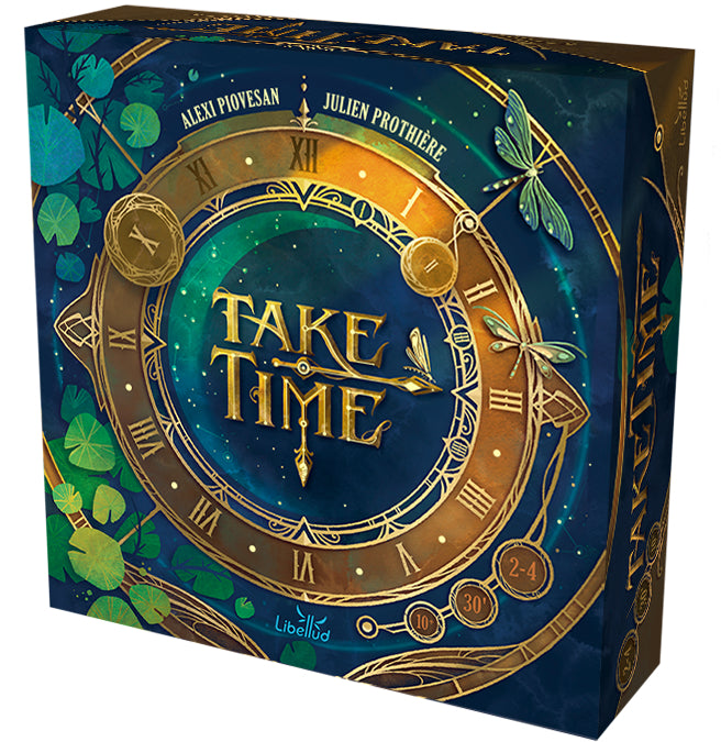 Board game box titled 'Take Time' with decorative clock design on a blue background