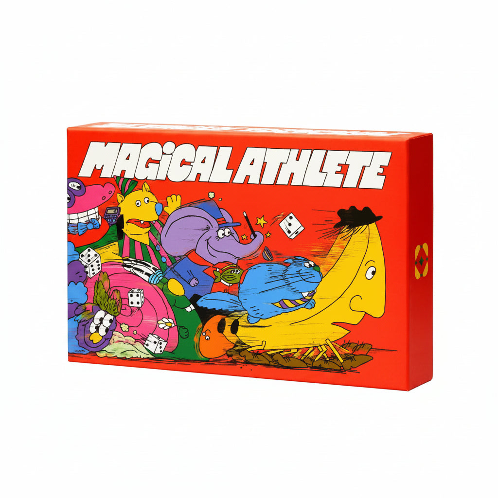 Board game box titled 'Magical Athlete' with colorful illustrations on a red background