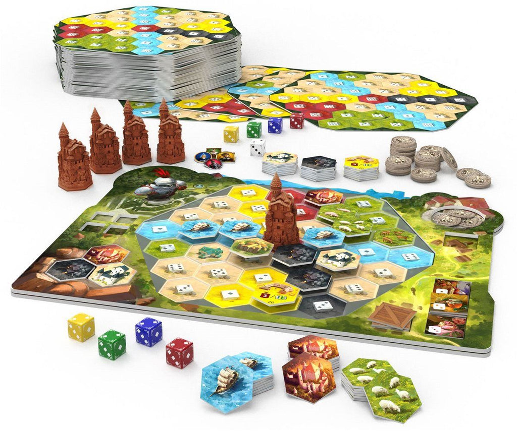 Board game set with hexagonal tiles, dice, and game pieces on a white background