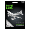 Metal Earth B-17 Flying Fortress steel model kit packaging on a black background, showing a silver assembled model airplane and product text.
