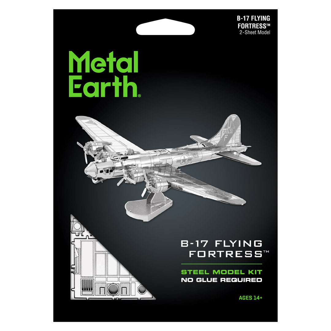 Metal Earth B-17 Flying Fortress steel model kit packaging on a black background, showing a silver assembled model airplane and product text.