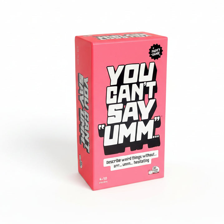 Pink box of 'You Can't Say Umm' party game with black and white text.