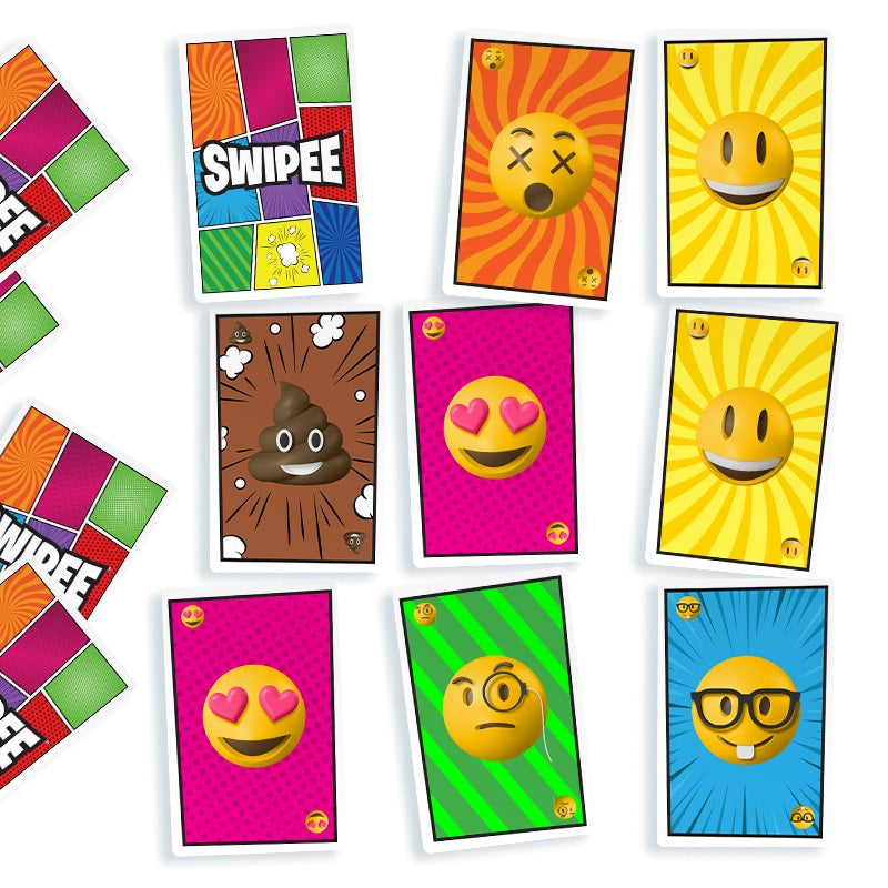 Collection of colorful emoji-themed cards with various designs on a white background.