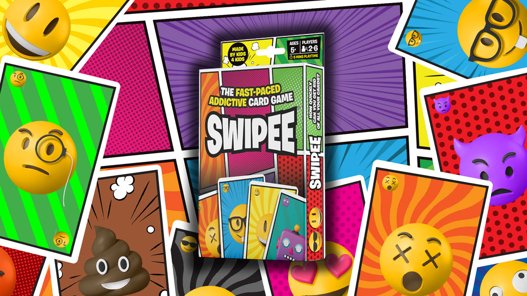 Card game packaging with colorful emoji-themed cards in the background