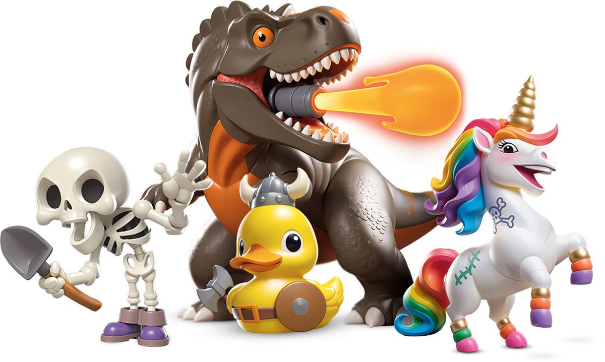Toy figures including a dinosaur, skeleton, duck, and unicorn on a white background