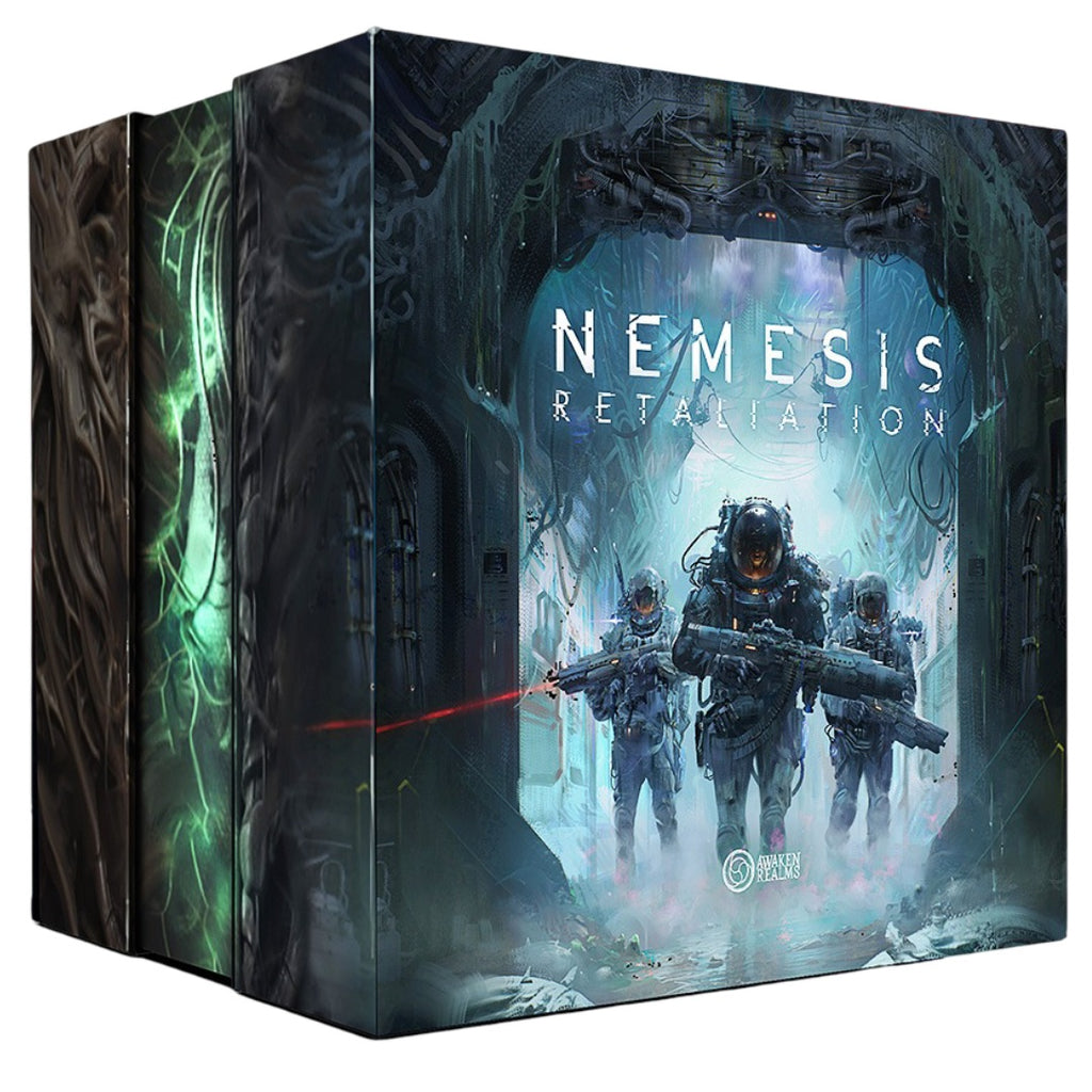 Game box for 'Nemesis Retaliation' with characters and weapon design on a dark background