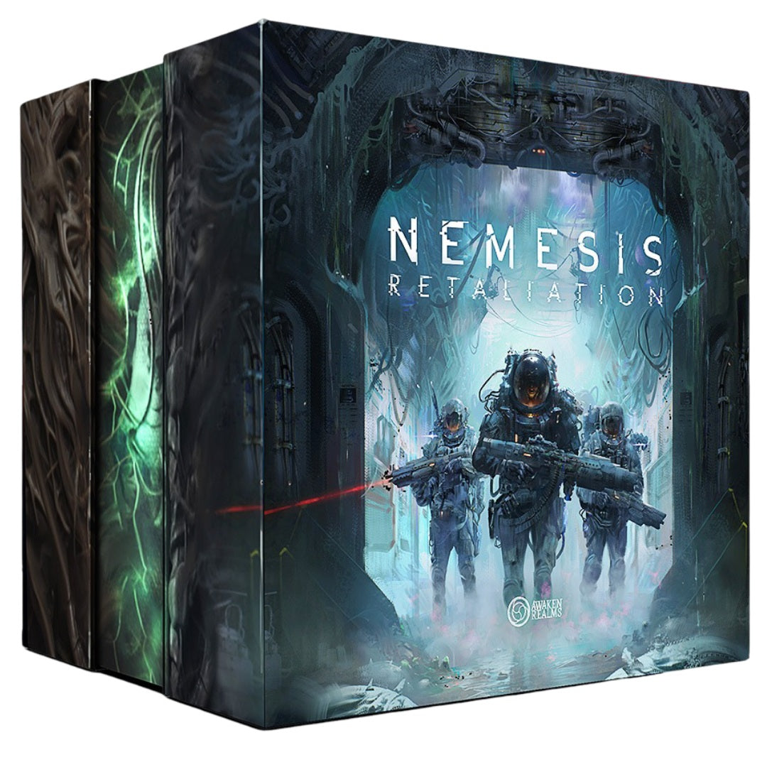 Game box for 'Nemesis Retaliation' with characters and weapon design on a dark background