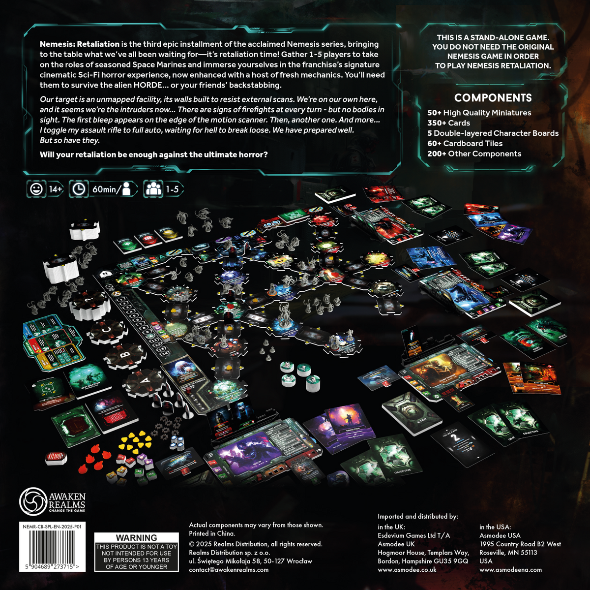 Back of the Nemesis board game box, showing the game components arranged on a dark tabletop against a black background, with text detailing the product, components, and company information.