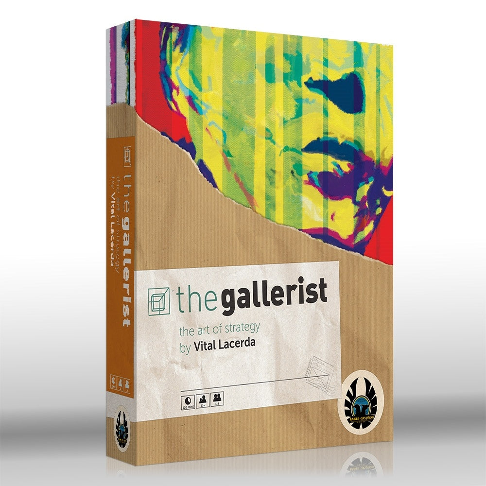 Board game box titled 'the gallerist' with colorful abstract design on a white background
