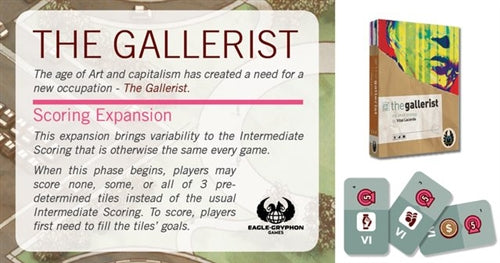 The Gallerist expansion set box and cards from Eagle-Gaphyon Games, shown alongside descriptive text on a split background.