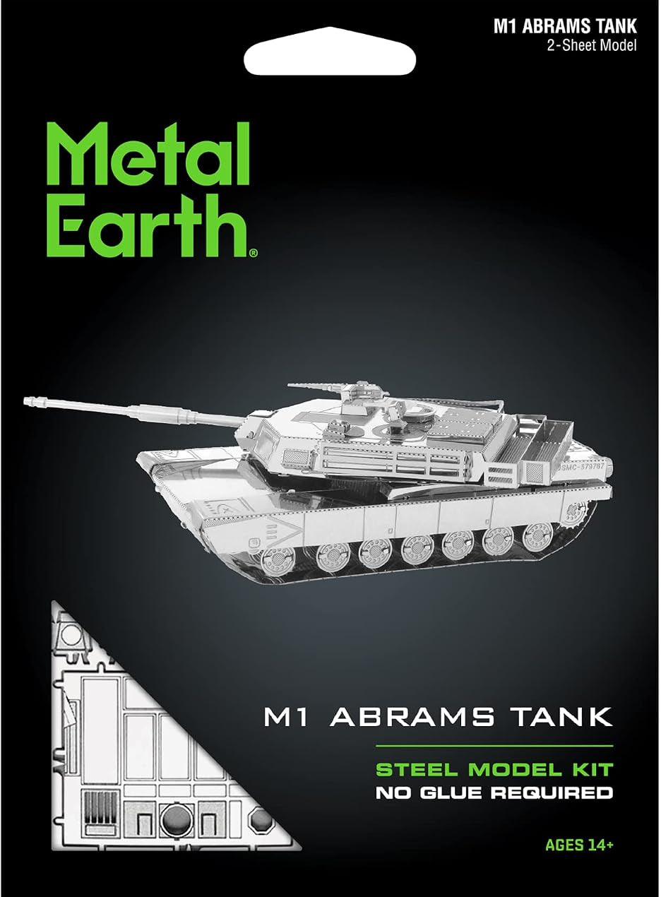 Metal Earth M1 Abrams Tank 2-sheet steel model kit packaging with a black background, green Metal Earth logo, silver tank illustration, and two black tweezers shown below the package.