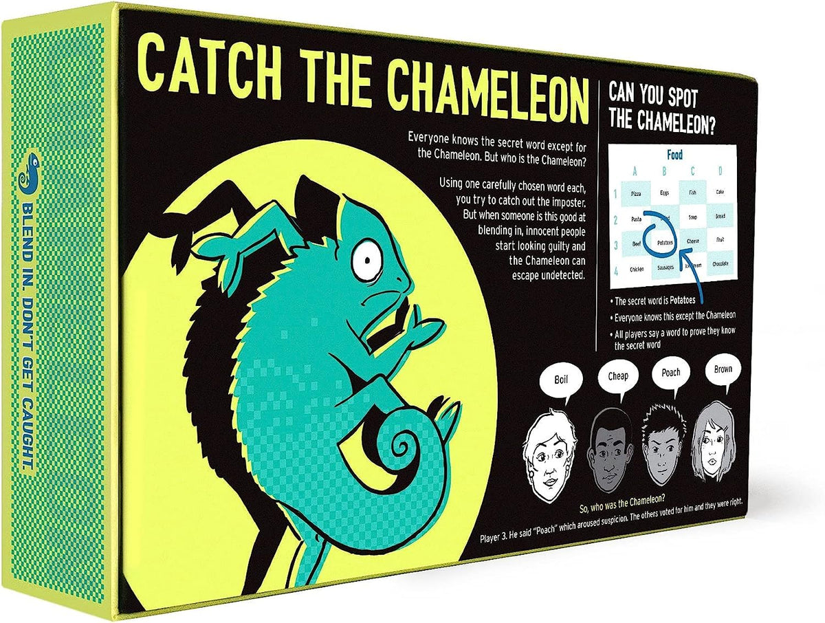Board game box for 'Catch the Chameleon' with a chameleon illustration on a black background.