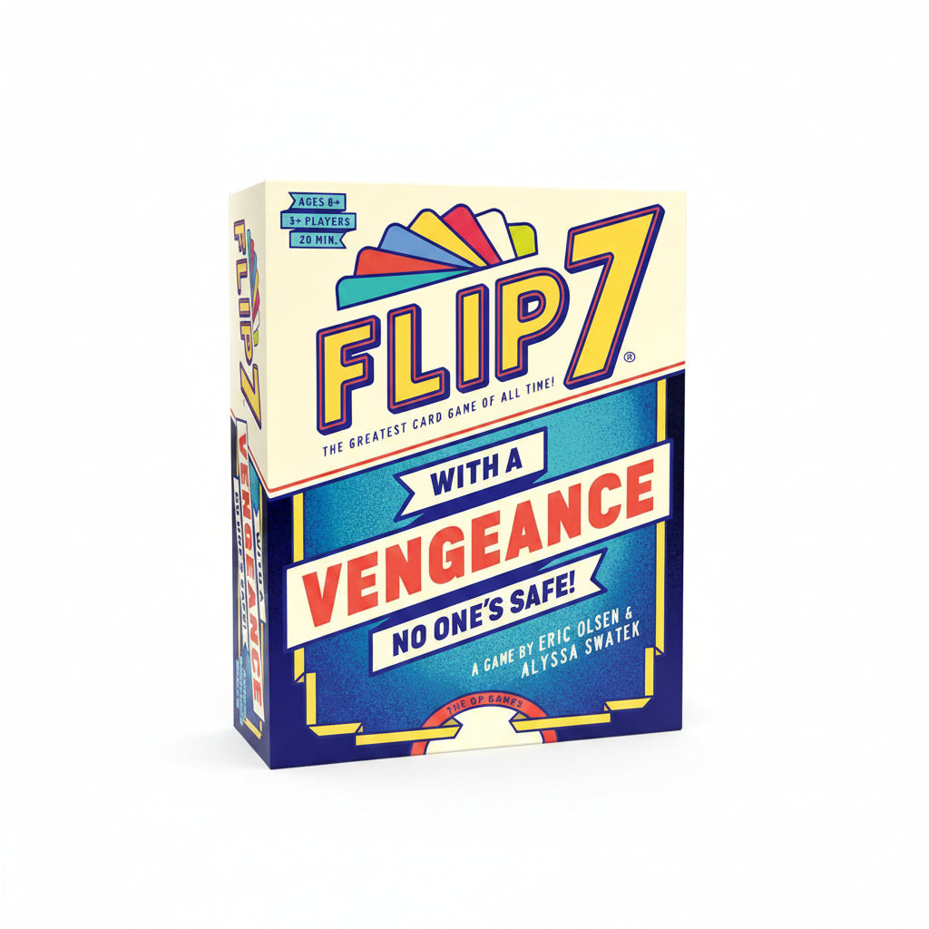 Flip 7 card game packaging with colorful text and design