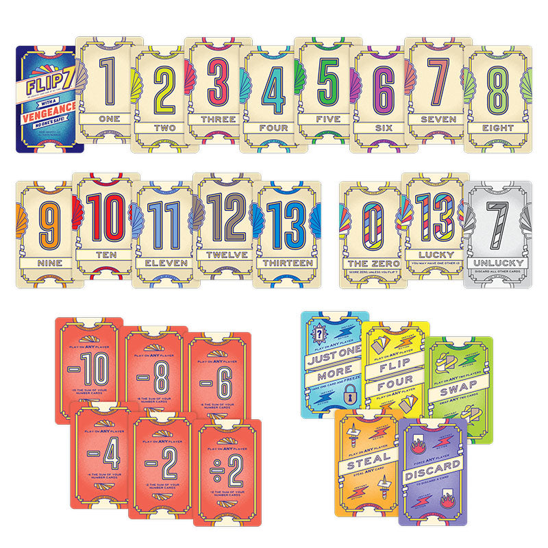 Collection of colorful card game pieces with numbers and game-related text on a white background.
