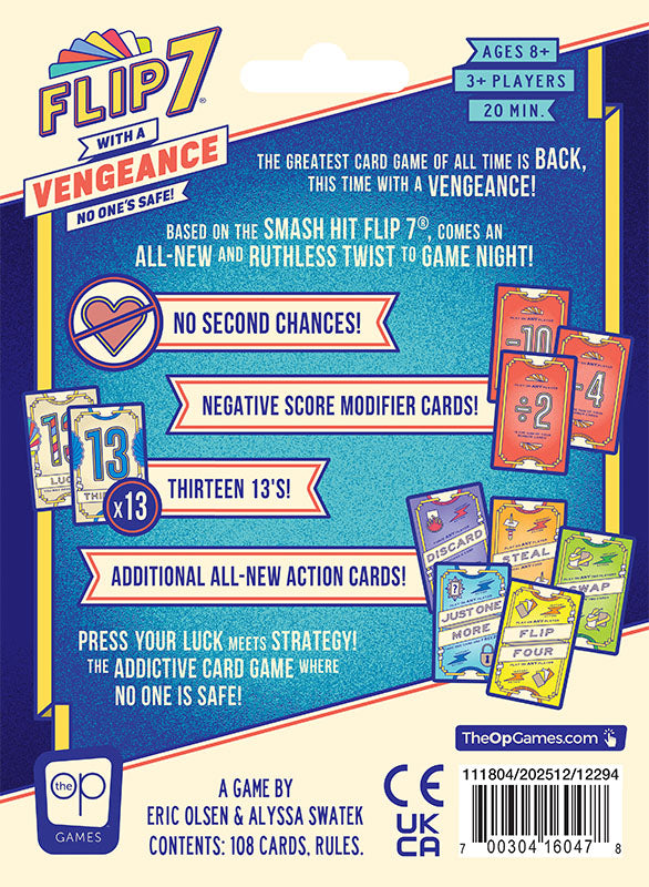 Card game packaging for 'Flip 7 with a Vengeance' by The Op Games, featuring colorful cards and text.