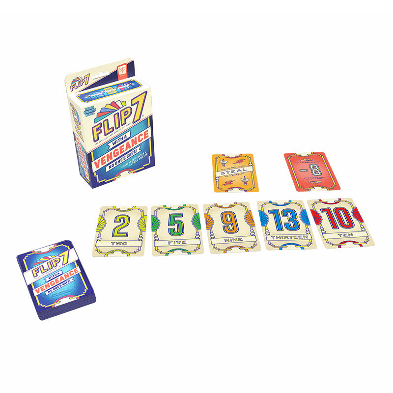 Flip 7 card game packaging and cards on a white background