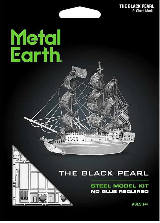 Metal Earth The Black Pearl 2-sheet steel model kit packaging on a black background, with a white line drawing of the ship and two black tweezers shown below the package.